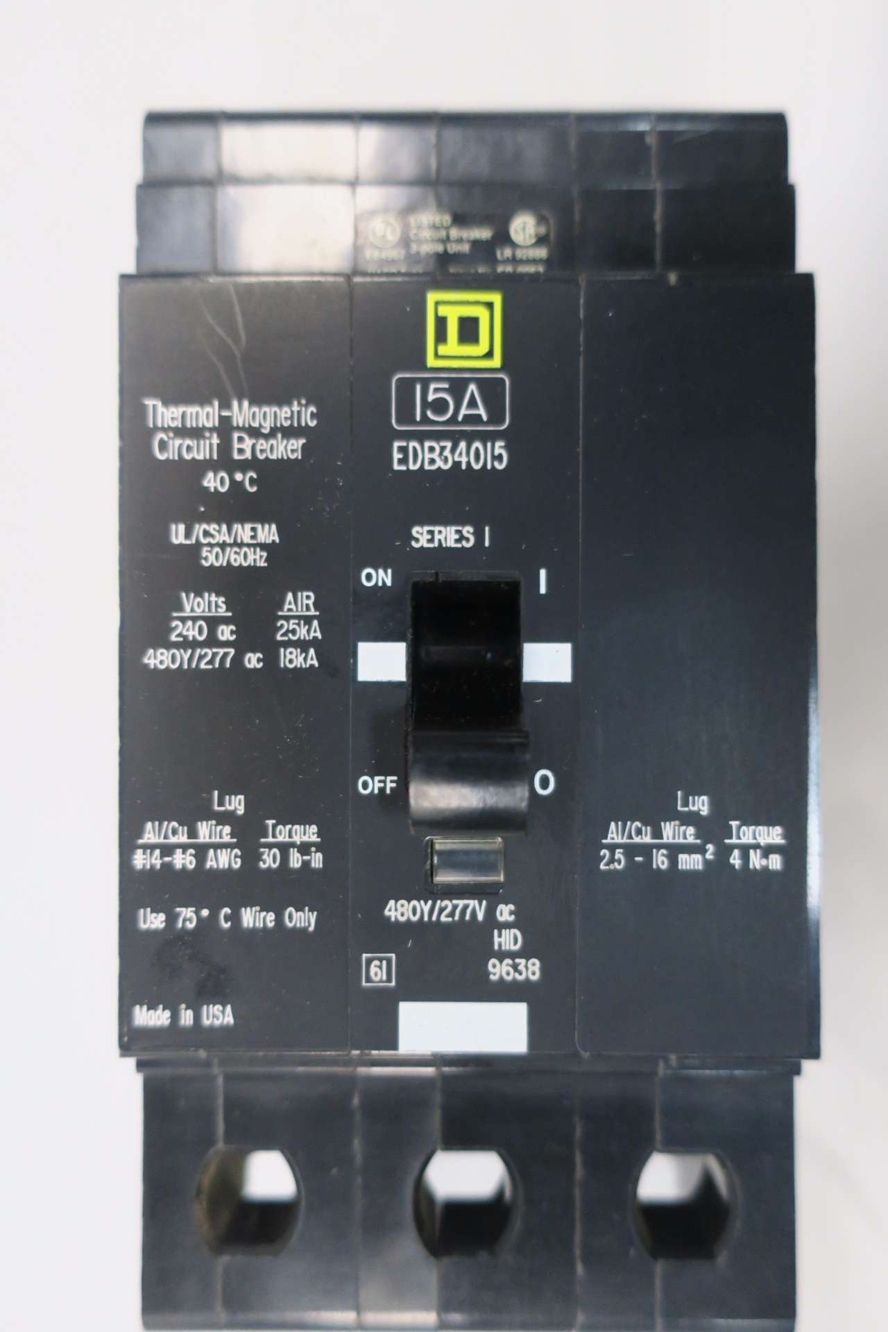 SQUARE D EDB34015 3P 15A AMP 480V-AC MOLDED CASE CIRCUIT BREAKER